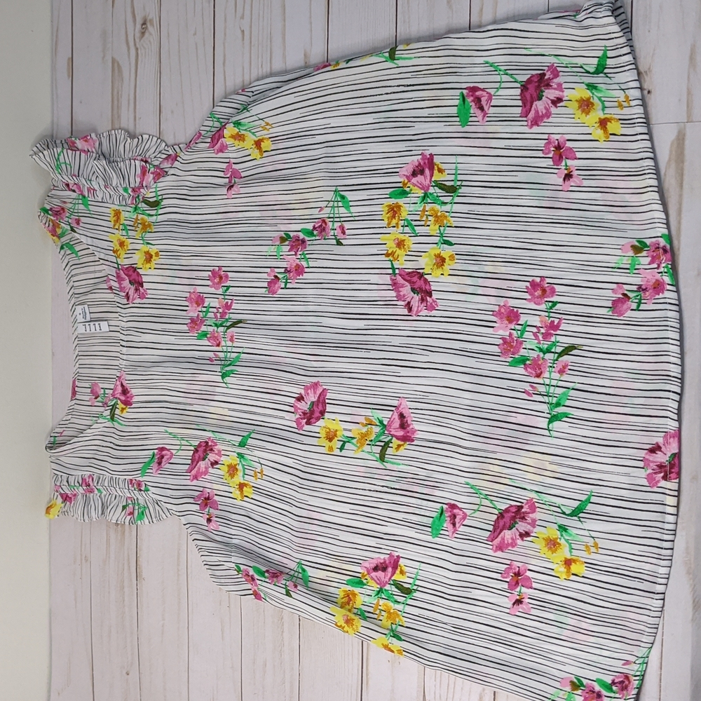 Elle High Neck Ruffled Sleeve Floral/Striped Blouse Small - Picture 2 of 5